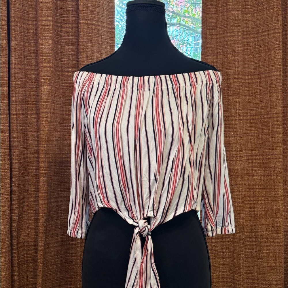 Ambiance Off-Shoulder Striped Tie-Front Blouse